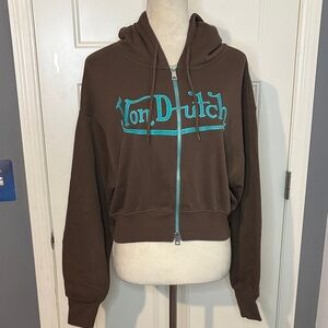 Von Dutch Chocolate Brown Hoodie with Embroidered And Rhinestone Logos